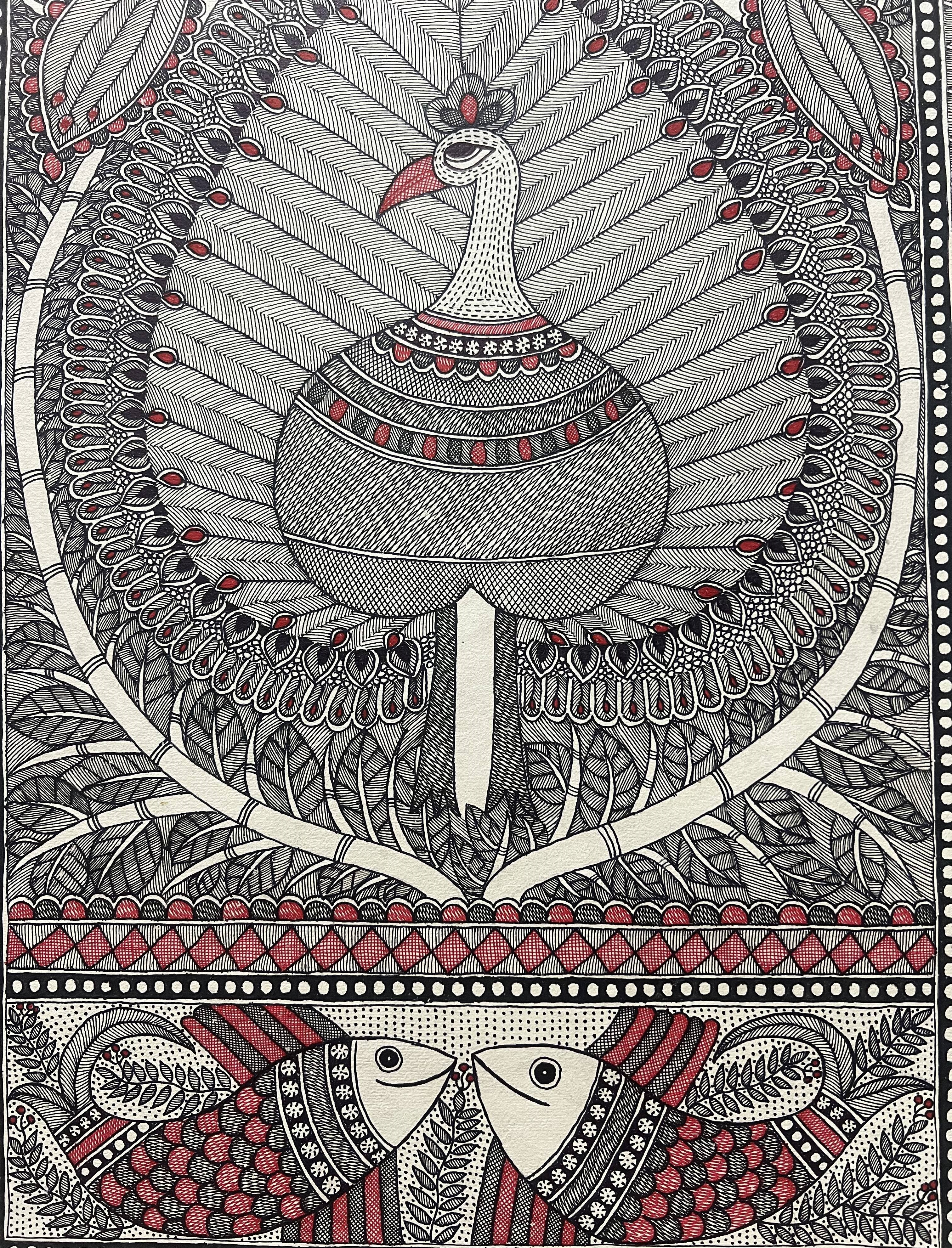 Handpainted Madhubani Painting on Handmade Paper - Peacock